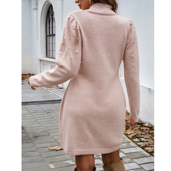 Baby Pink Sweater Short Mini Dress Faux Pearl Embellished Long Sleeve - Picture 7 of 8